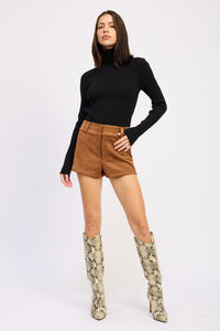 Suede Low Rise Shorts-Chic caramel suede low-rise shorts with luxe feel and stretch comfort. Perfect for pairing with boots, knits, or casual tops.