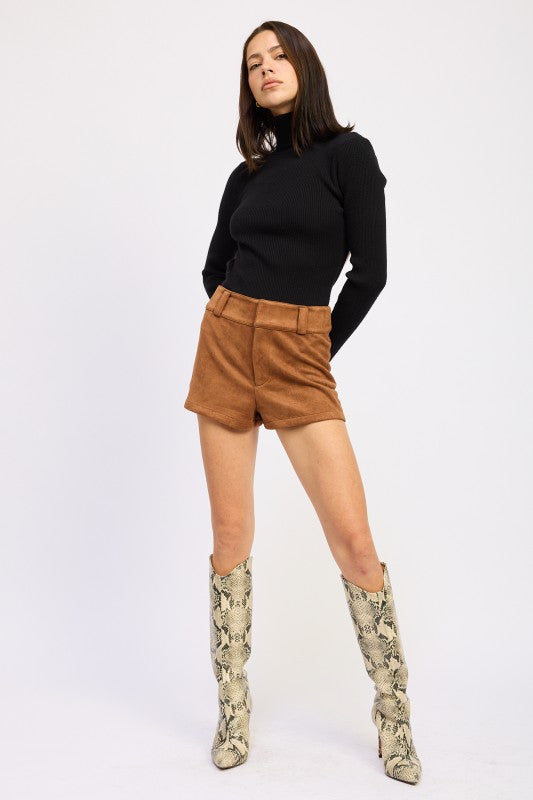 Suede Low Rise Shorts-Chic caramel suede low-rise shorts with luxe feel and stretch comfort. Perfect for pairing with boots, knits, or casual tops.
