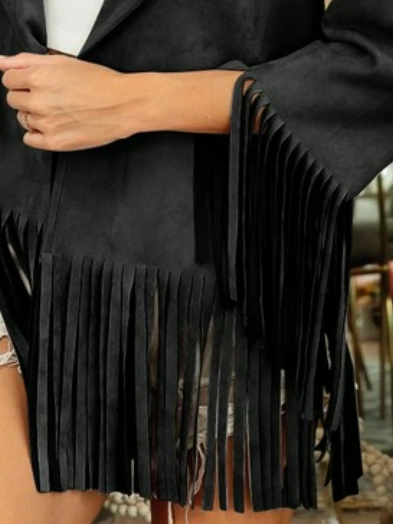 Suede Single Blazer with Fringed Hem in Black