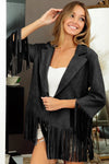 Suede Single Blazer with Fringed Hem in Black