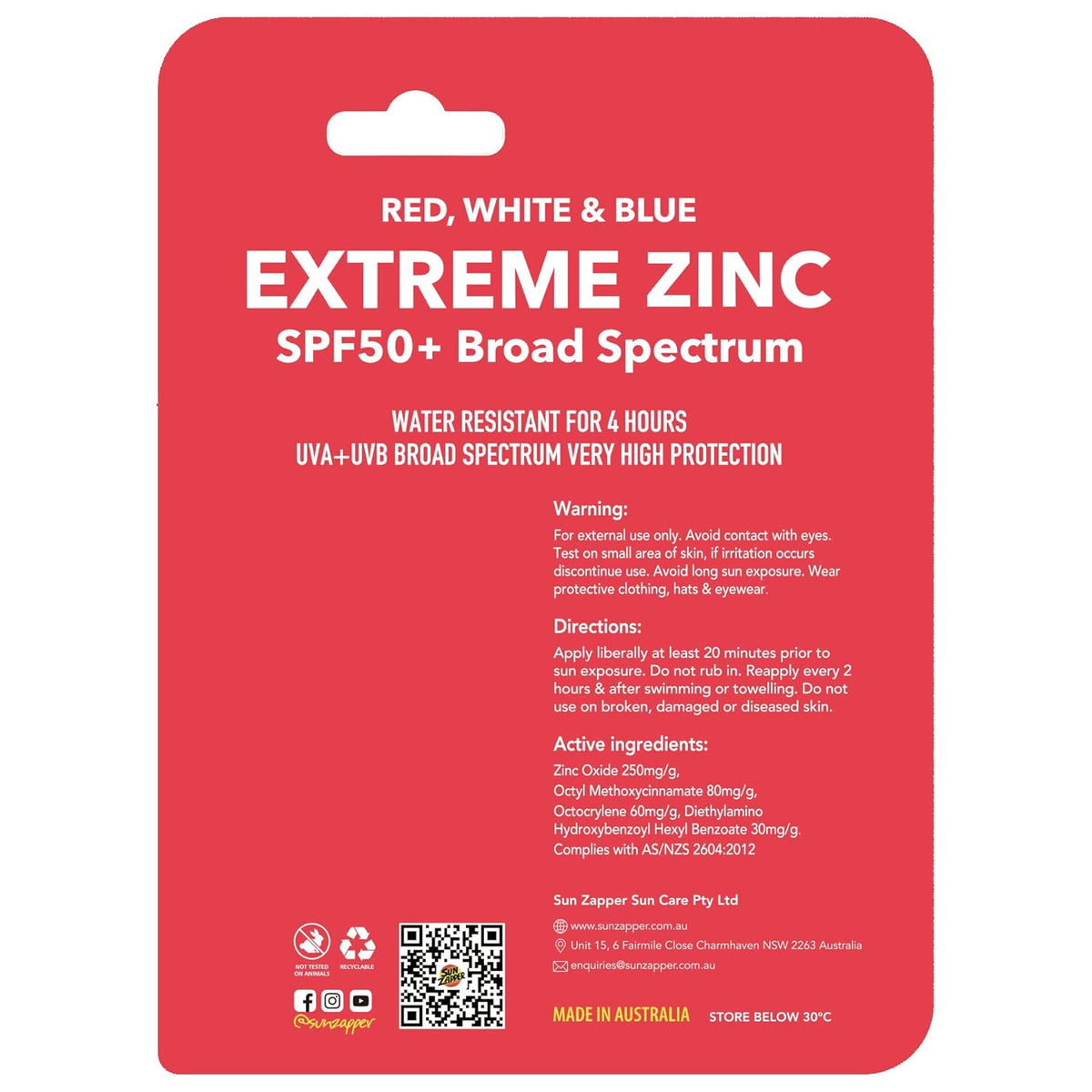 Sun Zapper Extreme Zinc Oxide Sunscreen Stick – SPF 50+ Protection in Red, White, and Blue 3-Pack