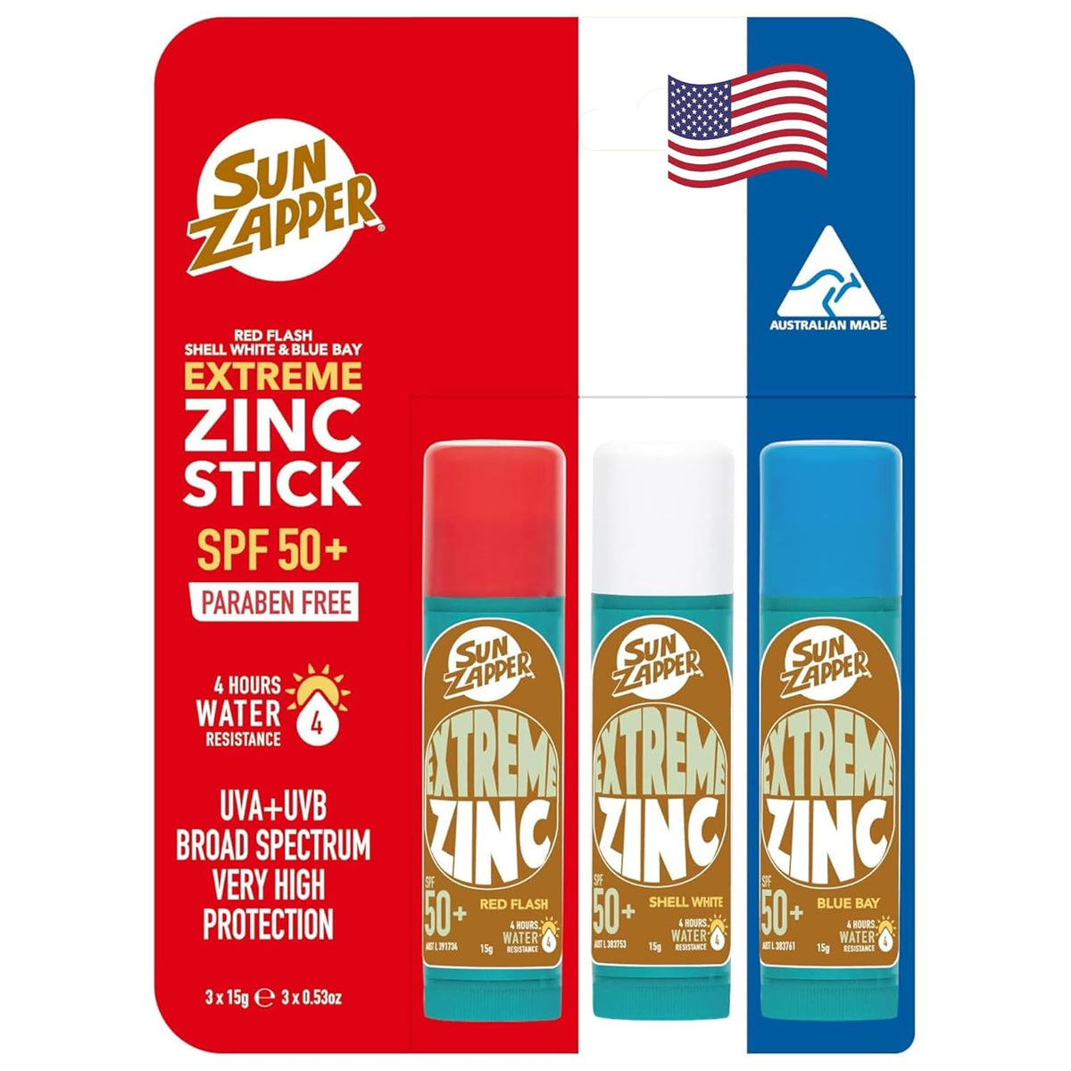 Sun Zapper Extreme Zinc Oxide Sunscreen Stick – SPF 50+ Protection in Red, White, and Blue 3-Pack