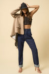 Super High Rise Roll Up Slouch Jeans-Super high rise roll up slouch jeans in dark wash. Relaxed non-stretch denim with elastic waist & raw hem. Easygoing boho-chic denim style.