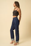 Super High Rise Roll Up Slouch Jeans-Super high rise roll up slouch jeans in dark wash. Relaxed non-stretch denim with elastic waist & raw hem. Easygoing boho-chic denim style.