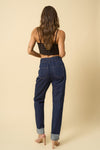 Super High Rise Roll Up Slouch Jeans-Super high rise roll up slouch jeans in dark wash. Relaxed non-stretch denim with elastic waist & raw hem. Easygoing boho-chic denim style.