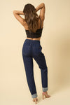 Super High Rise Roll Up Slouch Jeans-Super high rise roll up slouch jeans in dark wash. Relaxed non-stretch denim with elastic waist & raw hem. Easygoing boho-chic denim style.