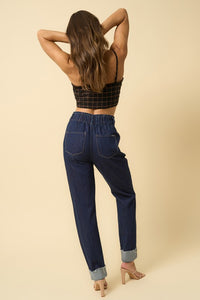 Super High Rise Roll Up Slouch Jeans-Super high rise roll up slouch jeans in dark wash. Relaxed non-stretch denim with elastic waist & raw hem. Easygoing boho-chic denim style.