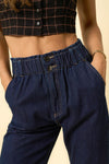 Super High Rise Roll Up Slouch Jeans-Super high rise roll up slouch jeans in dark wash. Relaxed non-stretch denim with elastic waist & raw hem. Easygoing boho-chic denim style.