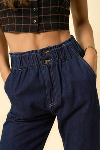 Super High Rise Roll Up Slouch Jeans-Super high rise roll up slouch jeans in dark wash. Relaxed non-stretch denim with elastic waist & raw hem. Easygoing boho-chic denim style.