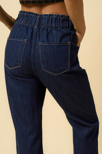 Super High Rise Roll Up Slouch Jeans-Super high rise roll up slouch jeans in dark wash. Relaxed non-stretch denim with elastic waist & raw hem. Easygoing boho-chic denim style.