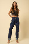 Super High Rise Roll Up Slouch Jeans-Super high rise roll up slouch jeans in dark wash. Relaxed non-stretch denim with elastic waist & raw hem. Easygoing boho-chic denim style.