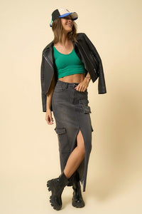 Super Maxi Cargo Denim Skirt, Black - Reef Love