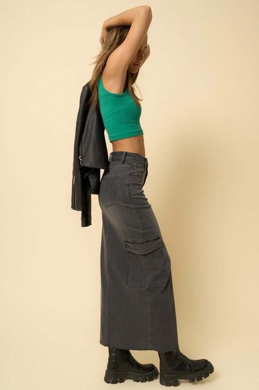 Super Maxi Cargo Denim Skirt, Black - Reef Love