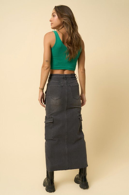 Super Maxi Cargo Denim Skirt, Black - Reef Love