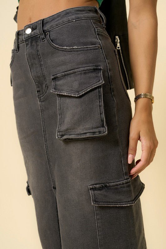 Super Maxi Cargo Denim Skirt, Black - Reef Love