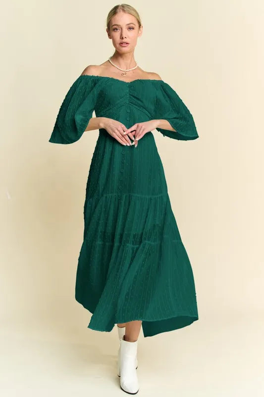 Swiss Dotted Ruched Ruffle Open Back Midi Dress-The Swiss Dotted Ruched Ruffle Open Back Midi Dress is a romantic and chic piece for a special event. The ruched detailing creates a figure-flattering silhouette. -Reef Love Boho-Chic Boutique