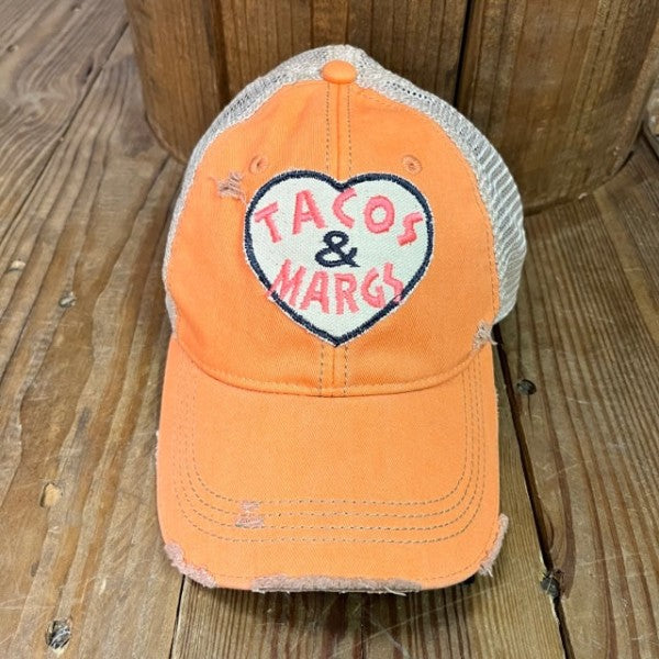 Taco's & Margs Distressed Snapback Baseball Cap-Taco's & Marg's Distressed Snapback Baseball Cap. Distressed Headmost Brand Cap, Tan Mesh, Snapback Closure, Embroidered Patch style, Superior quality cap.