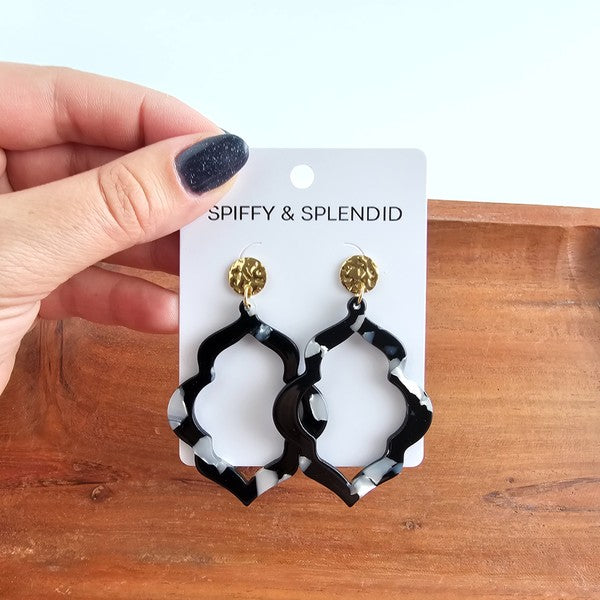 Shop Talia Earrings - Onyx Black-Talia Earrings in Onyx feature black, charcoal, and white speckled marbled acrylic. Lightweight and hypoallergenic—each pair is completely unique.-available at Reef Love online boho-chic boutique
