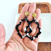 Shop Talia Earrings - Onyx Black-Talia Earrings in Onyx feature black, charcoal, and white speckled marbled acrylic. Lightweight and hypoallergenic—each pair is completely unique.-available at Reef Love online boho-chic boutique