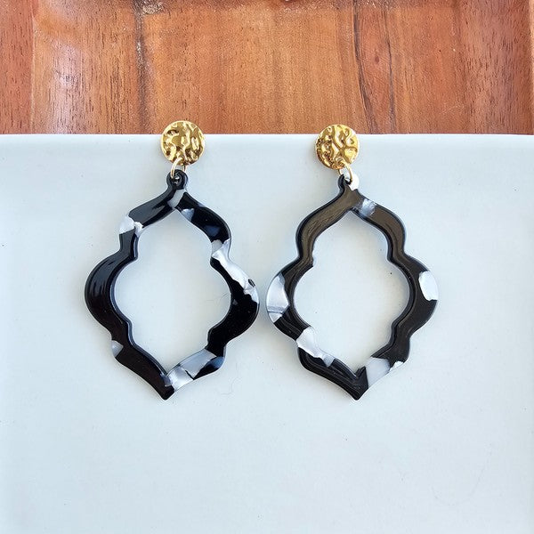 Shop Talia Earrings - Onyx Black-Talia Earrings in Onyx feature black, charcoal, and white speckled marbled acrylic. Lightweight and hypoallergenic—each pair is completely unique.-available at Reef Love online boho-chic boutique