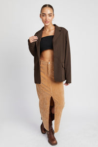 Tan Corduroy Midi Skirt with Front Slit