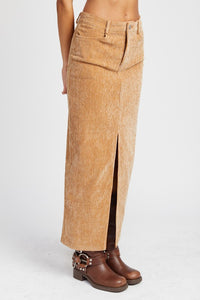 Tan Corduroy Midi Skirt with Front Slit