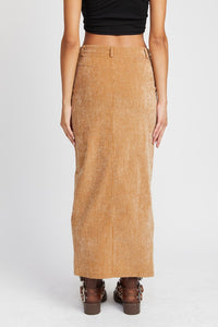 Tan Corduroy Midi Skirt with Front Slit