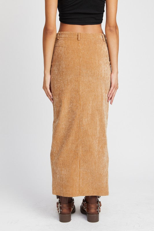 Tan Corduroy Midi Skirt with Front Slit