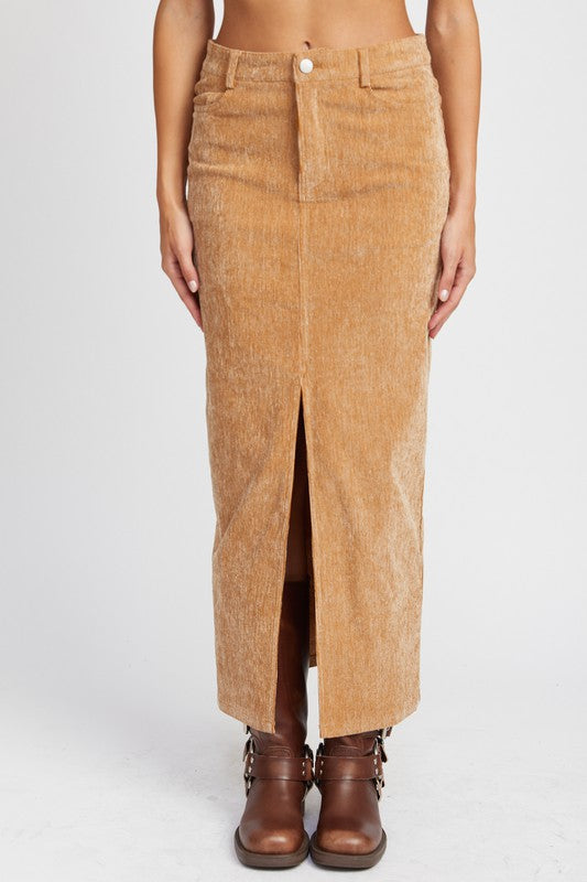 Tan Corduroy Midi Skirt with Front Slit