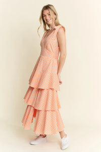 Tangerine Sleeveless Gingham Print Tiered Midi Dress-Breezy, feminine, and effortlessly charming — this orange and white gingham midi dress is your go-to for warm-weather days. Crafted from a lightweight cotton blend-Reef Love Boho-Chic Boutique