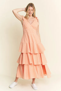 Tangerine Sleeveless Gingham Print Tiered Midi Dress-Breezy, feminine, and effortlessly charming — this orange and white gingham midi dress is your go-to for warm-weather days. Crafted from a lightweight cotton blend-Reef Love Boho-Chic Boutique