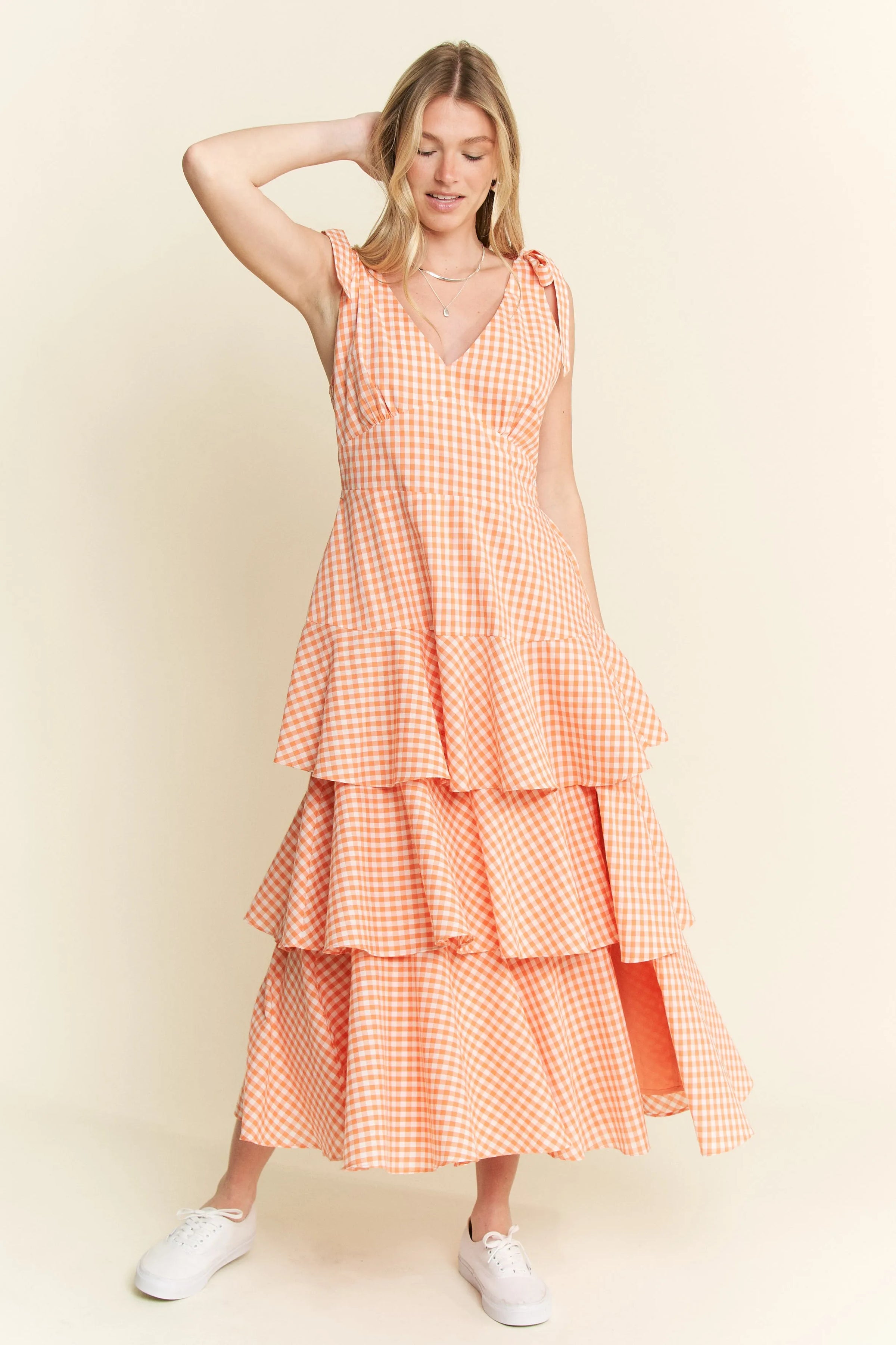 Tangerine Sleeveless Gingham Print Tiered Midi Dress-Breezy, feminine, and effortlessly charming — this orange and white gingham midi dress is your go-to for warm-weather days. Crafted from a lightweight cotton blend-Reef Love Boho-Chic Boutique