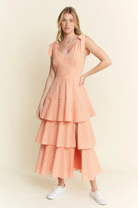 Tangerine Sleeveless Gingham Print Tiered Midi Dress-Breezy, feminine, and effortlessly charming — this orange and white gingham midi dress is your go-to for warm-weather days. Crafted from a lightweight cotton blend-Reef Love Boho-Chic Boutique