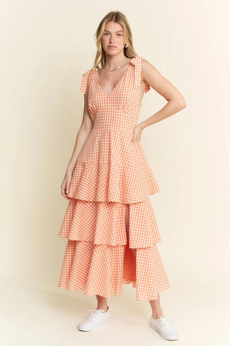 Tangerine Sleeveless Gingham Print Tiered Midi Dress-Breezy, feminine, and effortlessly charming — this orange and white gingham midi dress is your go-to for warm-weather days. Crafted from a lightweight cotton blend-Reef Love Boho-Chic Boutique