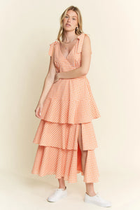 Tangerine Sleeveless Gingham Print Tiered Midi Dress-Breezy, feminine, and effortlessly charming — this orange and white gingham midi dress is your go-to for warm-weather days. Crafted from a lightweight cotton blend-Reef Love Boho-Chic Boutique