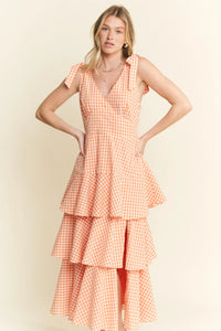 Tangerine Sleeveless Gingham Print Tiered Midi Dress-Breezy, feminine, and effortlessly charming — this orange and white gingham midi dress is your go-to for warm-weather days. Crafted from a lightweight cotton blend-Reef Love Boho-Chic Boutique