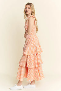 Tangerine Sleeveless Gingham Print Tiered Midi Dress-Breezy, feminine, and effortlessly charming — this orange and white gingham midi dress is your go-to for warm-weather days. Crafted from a lightweight cotton blend-Reef Love Boho-Chic Boutique