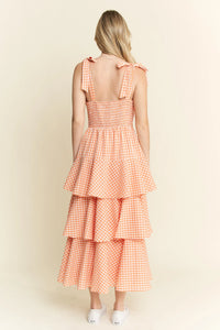 Tangerine Sleeveless Gingham Print Tiered Midi Dress-Breezy, feminine, and effortlessly charming — this orange and white gingham midi dress is your go-to for warm-weather days. Crafted from a lightweight cotton blend-Reef Love Boho-Chic Boutique