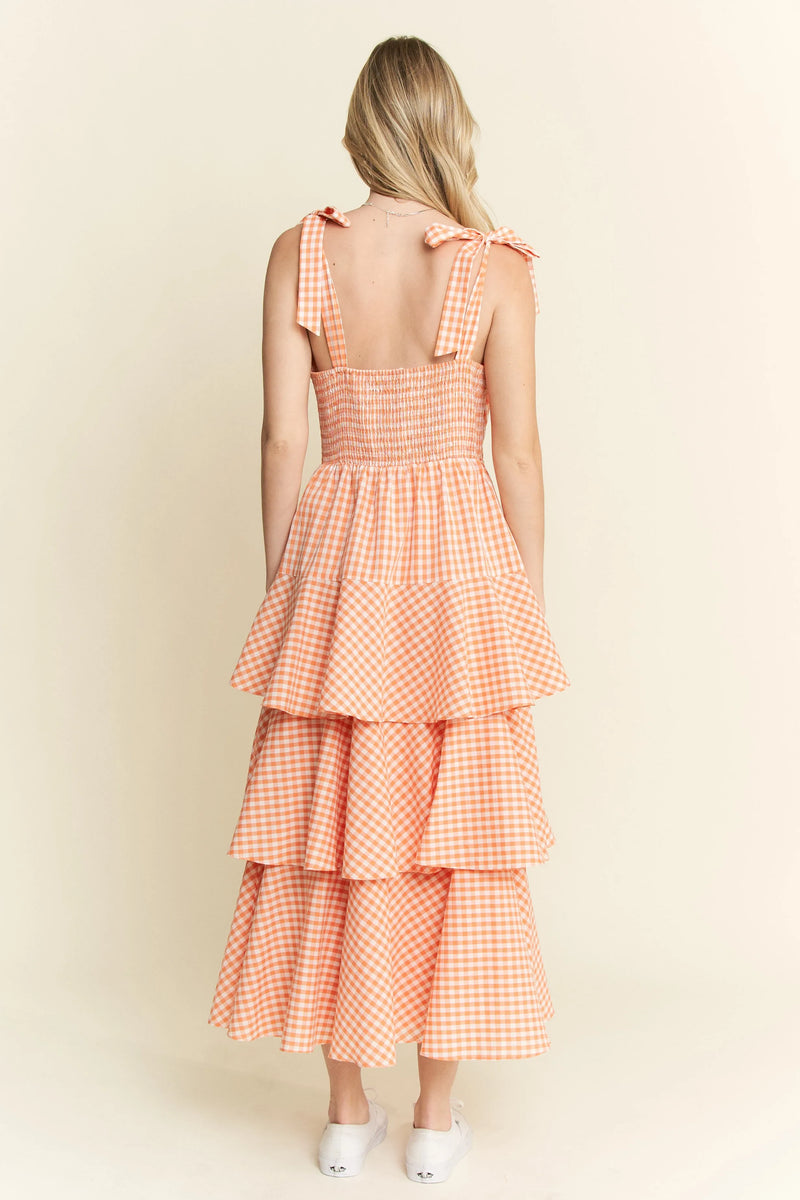 Tangerine Sleeveless Gingham Print Tiered Midi Dress-Breezy, feminine, and effortlessly charming — this orange and white gingham midi dress is your go-to for warm-weather days. Crafted from a lightweight cotton blend-Reef Love Boho-Chic Boutique