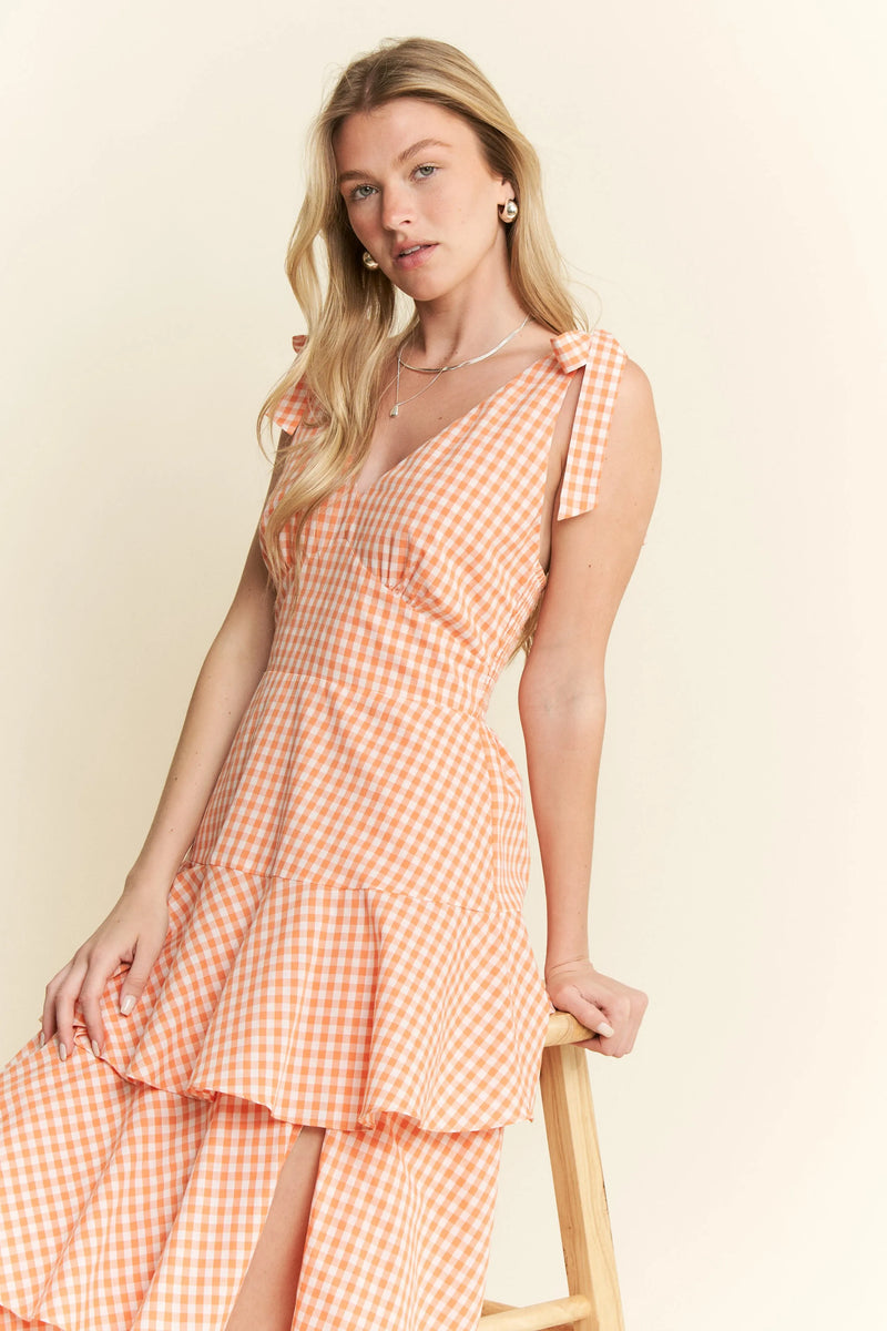 Tangerine Sleeveless Gingham Print Tiered Midi Dress-Breezy, feminine, and effortlessly charming — this orange and white gingham midi dress is your go-to for warm-weather days. Crafted from a lightweight cotton blend-Reef Love Boho-Chic Boutique