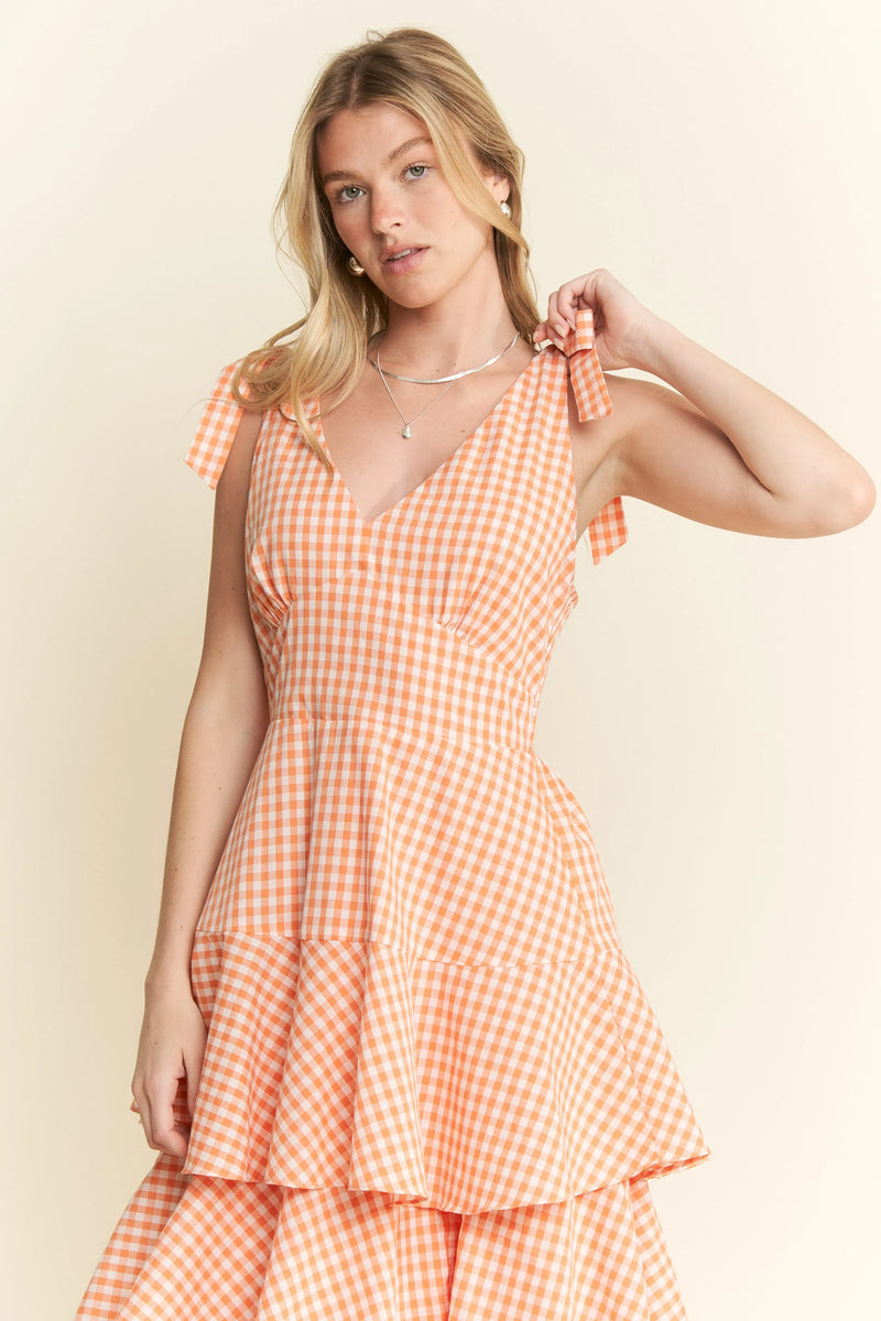 Tangerine Sleeveless Gingham Print Tiered Midi Dress-Breezy, feminine, and effortlessly charming — this orange and white gingham midi dress is your go-to for warm-weather days. Crafted from a lightweight cotton blend-Reef Love Boho-Chic Boutique