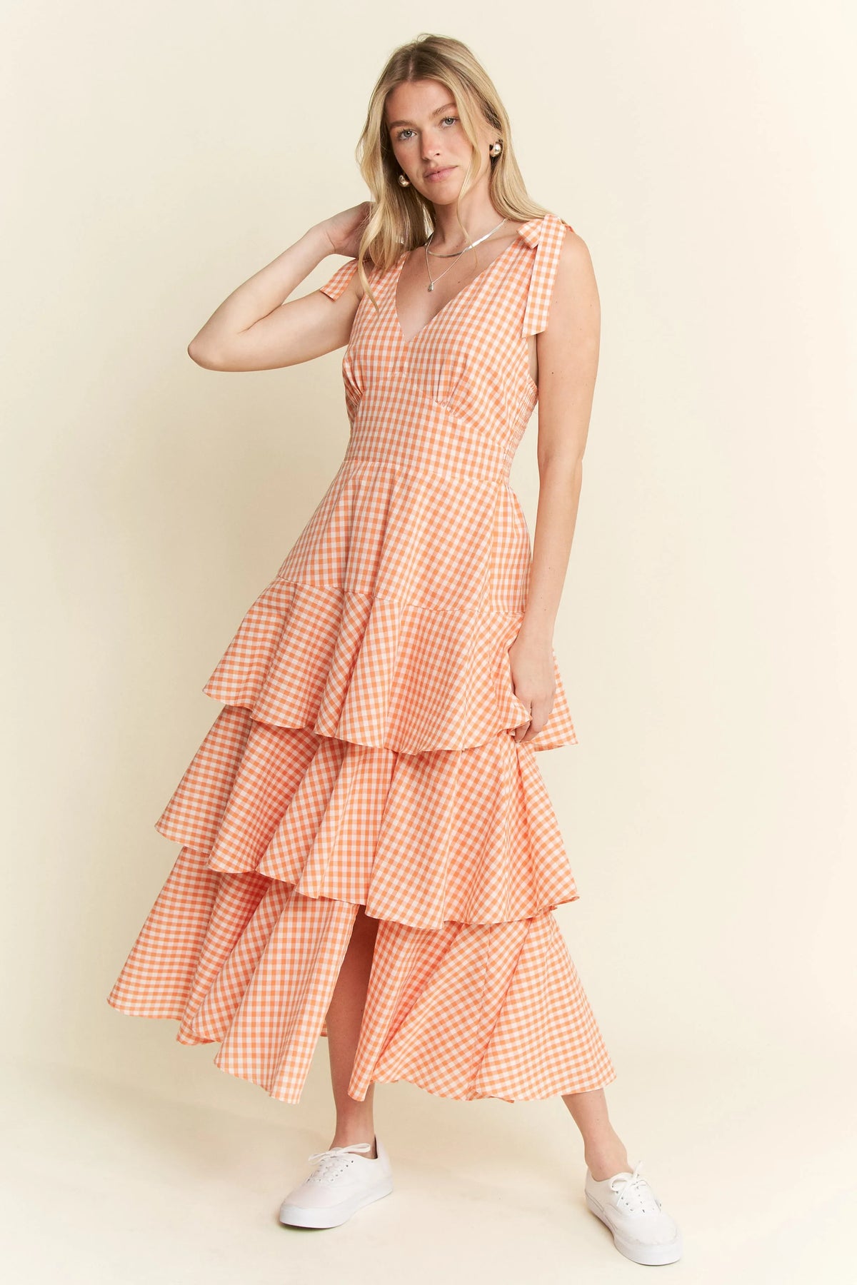 Tangerine Sleeveless Gingham Print Tiered Midi Dress-Breezy, feminine, and effortlessly charming — this orange and white gingham midi dress is your go-to for warm-weather days. Crafted from a lightweight cotton blend-Reef Love Boho-Chic Boutique