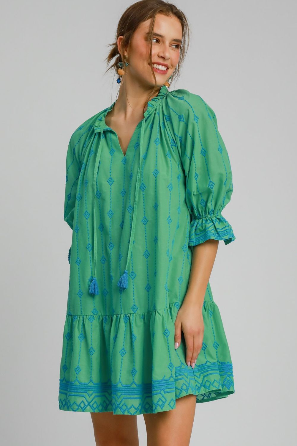 Tassel Embroidered Flounce Sleeve Mini Dress-A tassel embroidered flounce sleeve mini dress is a charming and stylish choice for a fun and feminine look. The tassel embroidery adds a playful touch.-Reef Love Boho-Chic Boutique