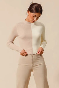 Taupe Color Block Fitted Crop Sweater
