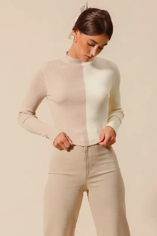 Taupe Color Block Fitted Crop Sweater