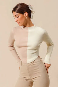 Taupe Color Block Fitted Crop Sweater