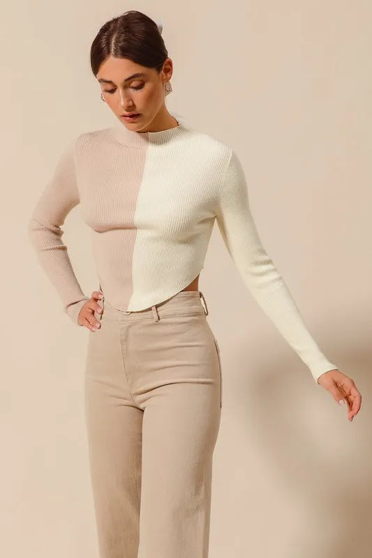 Taupe Color Block Fitted Crop Sweater
