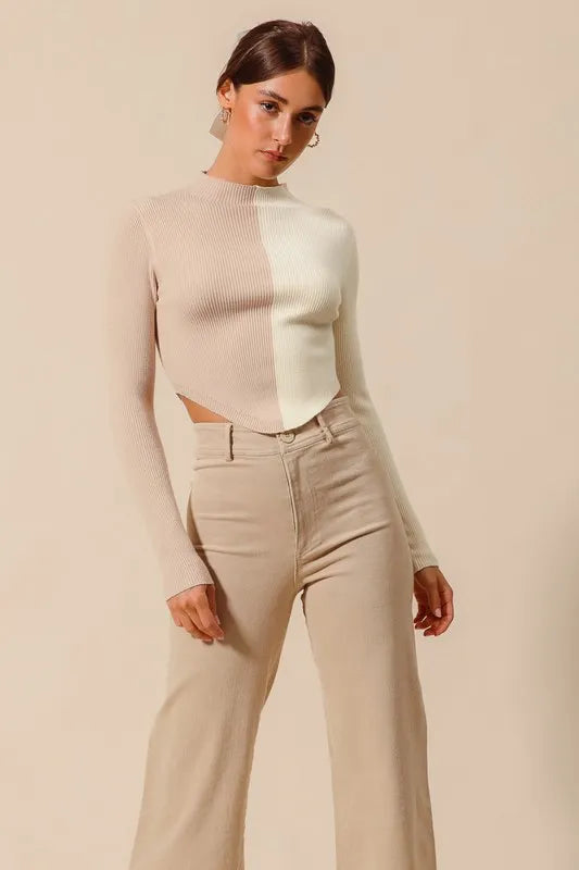 Taupe Color Block Fitted Crop Sweater