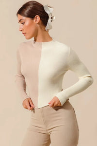 Taupe Color Block Fitted Crop Sweater