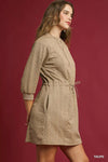 Taupe Drawstring Cable Knit Mini Dress-Taupe Drawstring Cable Knit Mini Dress with Pockets. This cable knit mini dress features a drawstring waist and convenient pockets for a cozy and practical look.